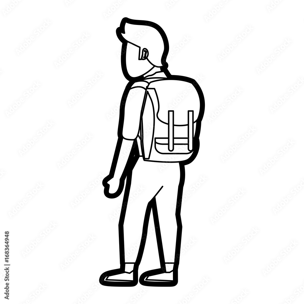 Flat line uncolored male backpacker over white background vector illustration Flat line uncolored male backpacker over white background vector illustration