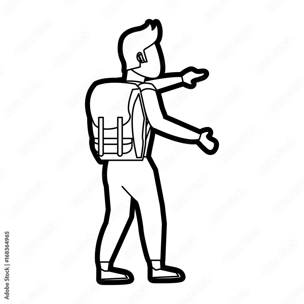 Flat line uncolored male backpacker over white background vector illustration
