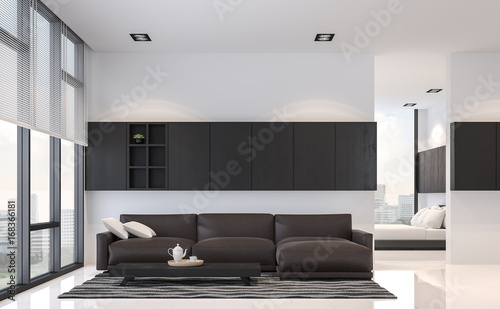 Modern black and white living room and bedroom interior 3d rendering image.There are white floor.Furnished with black wood furniture .There are large windows look out to see the city view