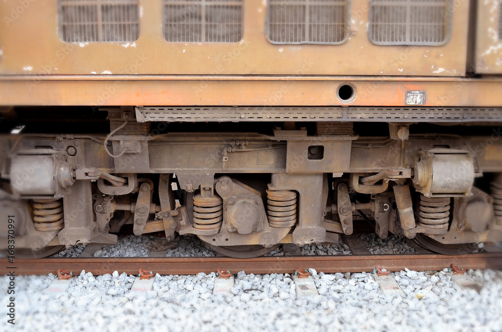 Old train wheel on a track, view of the wheels of a train