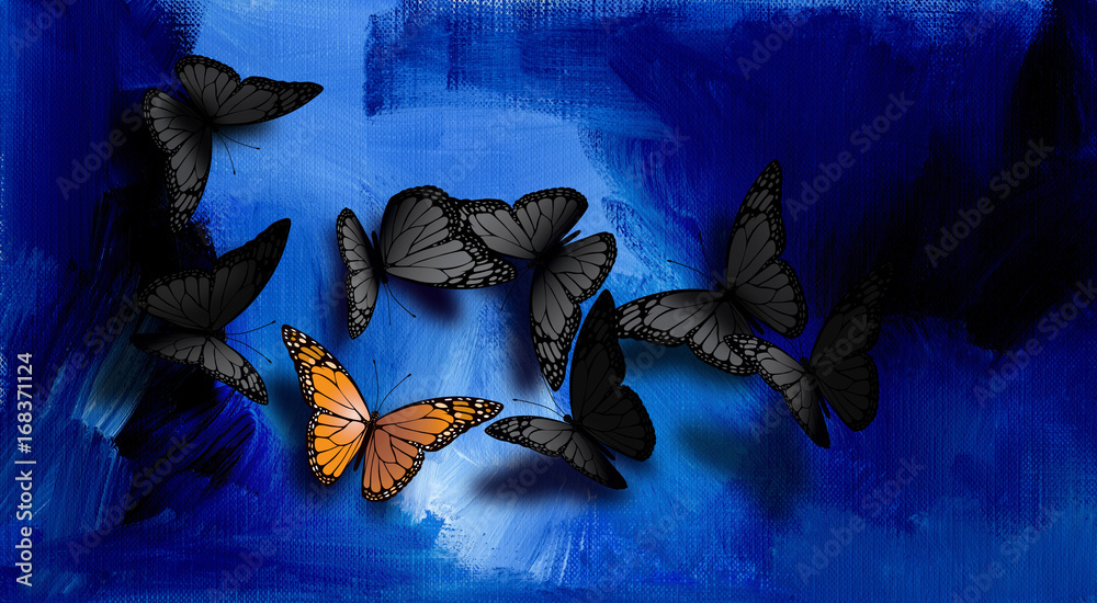 Obraz premium Specjalny unikalny motyl monarcha wśród pospolitych motyli