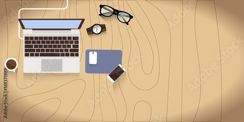 Realistic workplace organization. Top view with wood textured table, laptop, smartphone, glasses,watch, and coffee mug. Work desk for office with stationery elements on the table