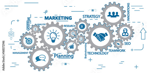 Marketing mechanism concept. Abstract background with connected gears and icons for strategy, service, analytics, research, seo,digital marketing, communicate concepts. Vector infographic illustration