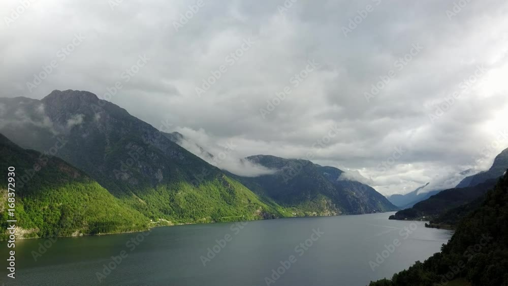 View to Fjord and water from drone on air Norway