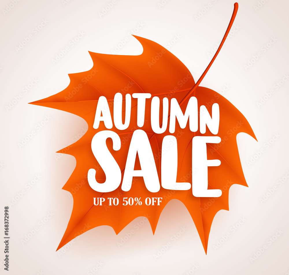 Orange autumn leaf with sale text in white background vector banner