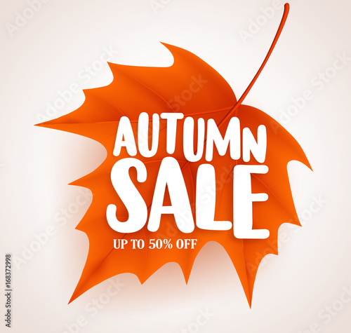 Orange autumn leaf with sale text in white background vector banner design for fall seasonal marketing promotion. Vector illustration.
