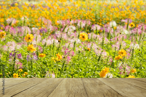 BEmpty top wooden table on burred beautiful flowers blooming in nature