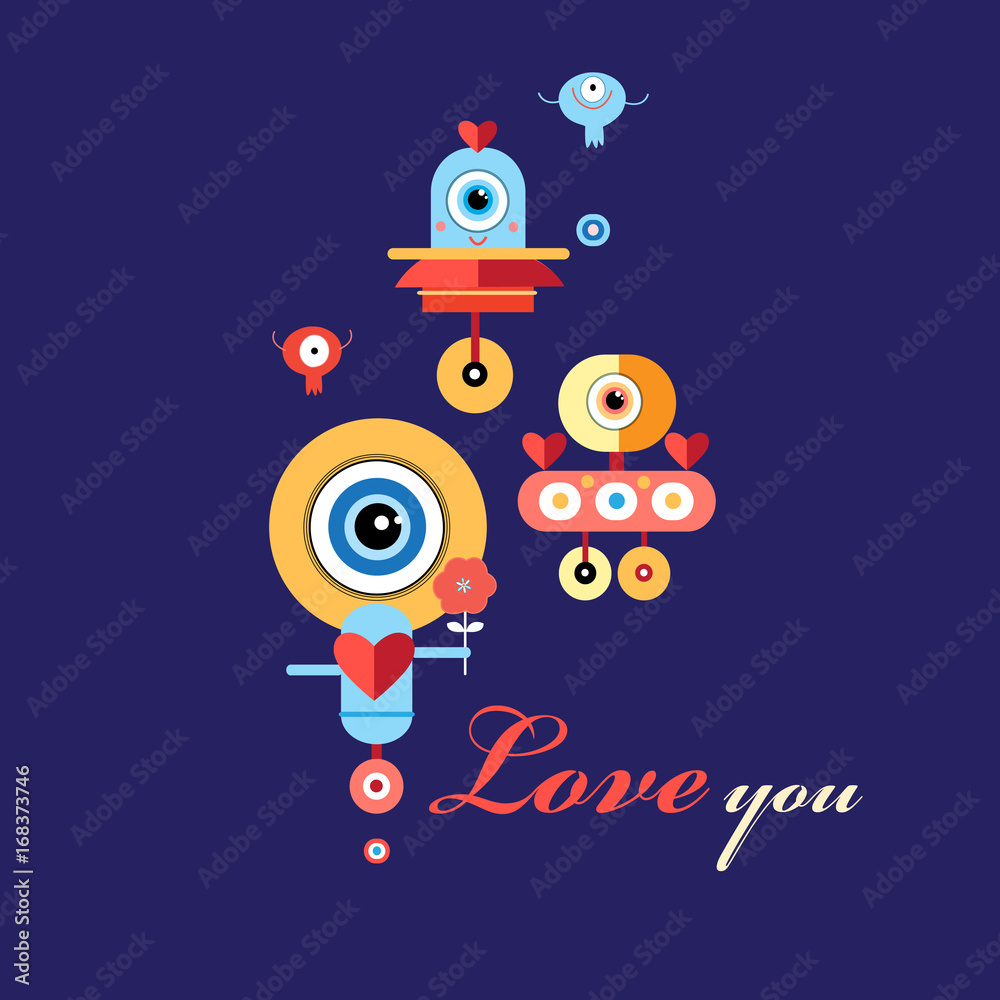Fototapeta premium Vector greeting card with enamored robots
