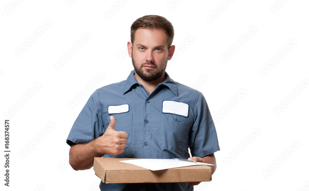 Portrait of happy delivery man with cardboard box Portrait of happy delivery man with cardboard box