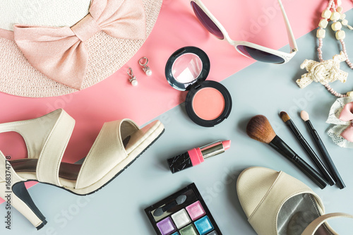 women cosmetics and fashion items with copy space