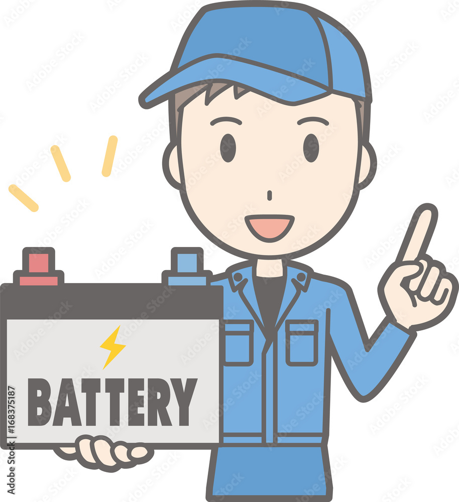 Illustration that a man wearing work clothes has a battery Illustration that a man wearing work clothes has a battery
