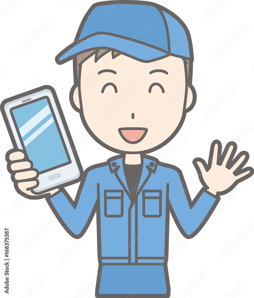 Illustration that a man wearing work clothes is smiling with a smartphone Illustration that a man wearing work clothes is smiling with a smartphone
