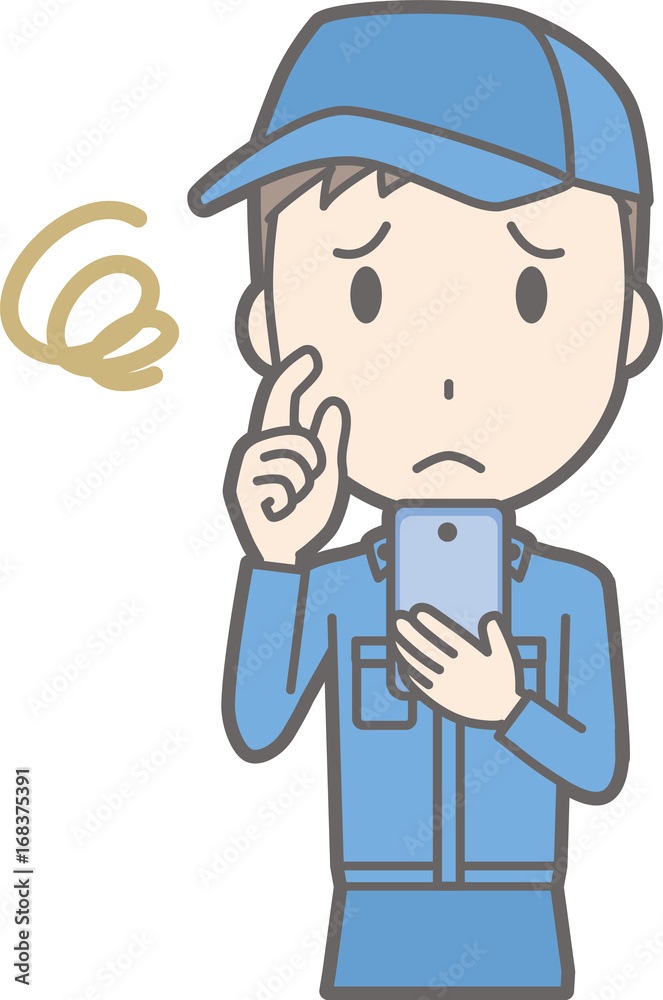 An illustration in which a man wearing work clothing has a smartphone