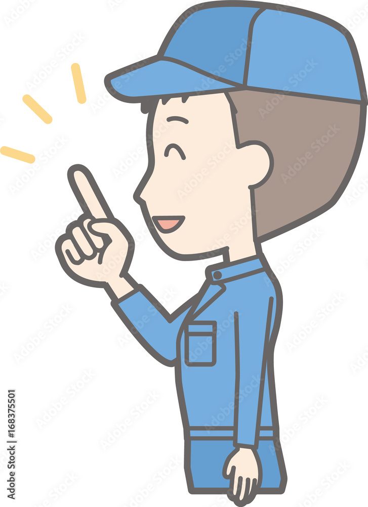 Illustration that a man wearing work clothes looks sideways and points at a finger