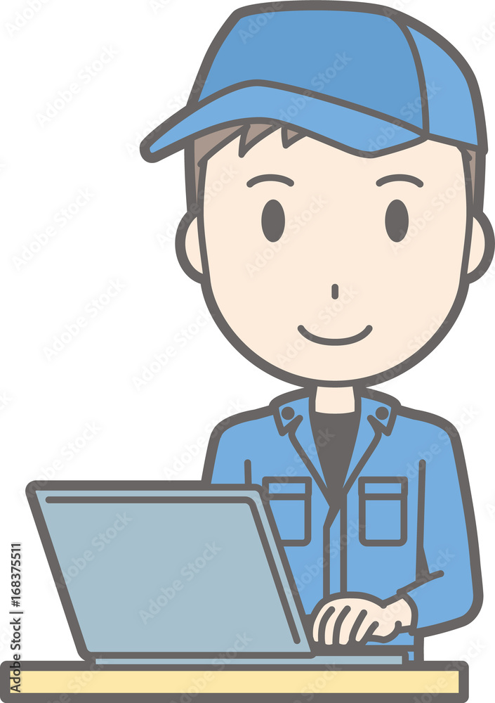 Illustration that a man wearing work clothes is operating a laptop computer