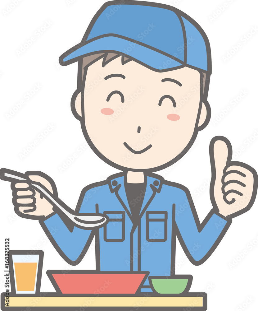 An illustration of a man wearing work clothes eating a meal at a table An illustration of a man wearing work clothes eating a meal at a table