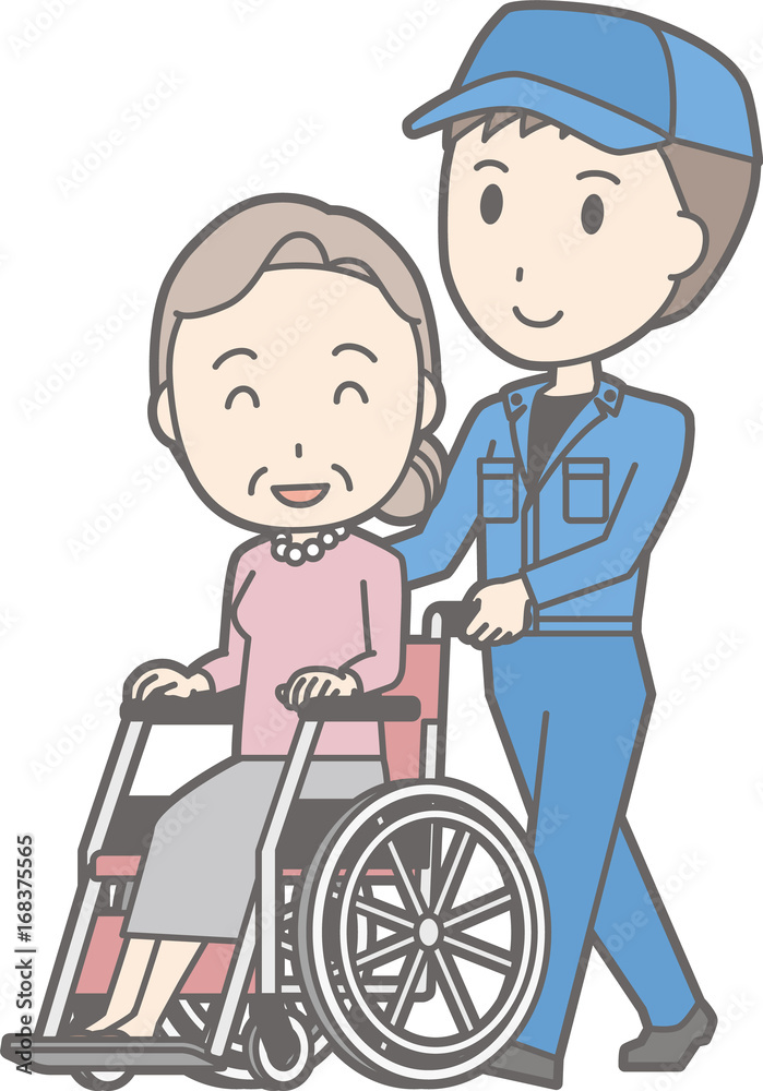 Illustration that a man wearing a work clothes pushes a wheelchair on which an old woman rides Illustration that a man wearing a work clothes pushes a wheelchair on which an old woman rides