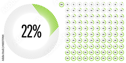Set of circular sector percentage diagrams from 0 to 100 ready-to-use for web design, user interface (UI) or infographic - indicator with green