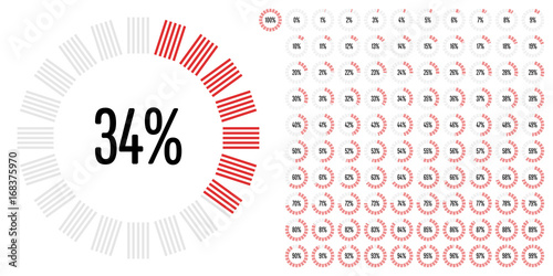Set of circular sector percentage diagrams from 0 to 100 ready-to-use for web design, user interface (UI) or infographic - indicator with red