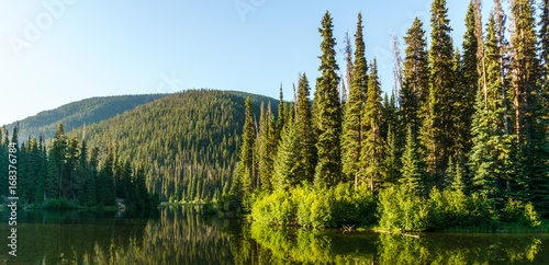 Mountain lake in mountains at sunny day British Columbia Canada.