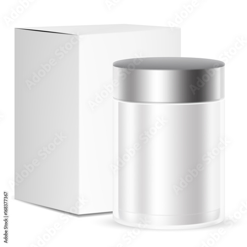 VECTOR PACKAGING: White gray wide round cosmetic/medicine bottle or container with box on isolated white background. Mock-up template ready for design