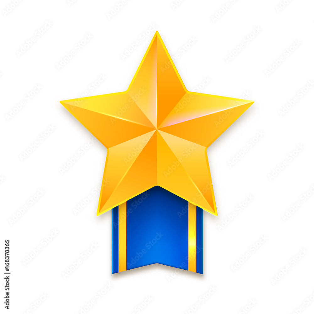 Yellow metal star with blue ribbon and gold stripes. Golden star with