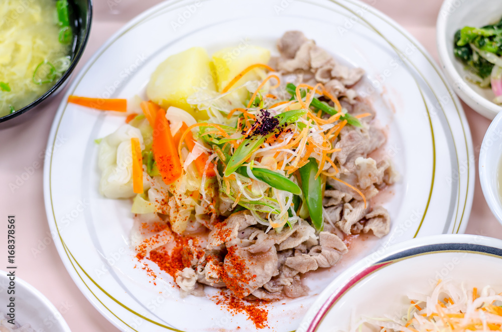 Japanese food: pork and sweet chili salad