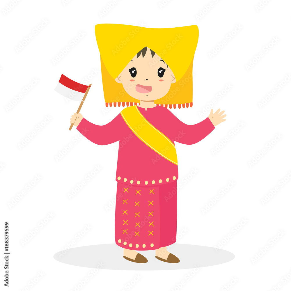 Padang Girl Wearing Traditional Dress And Holding Indonesian Flag
