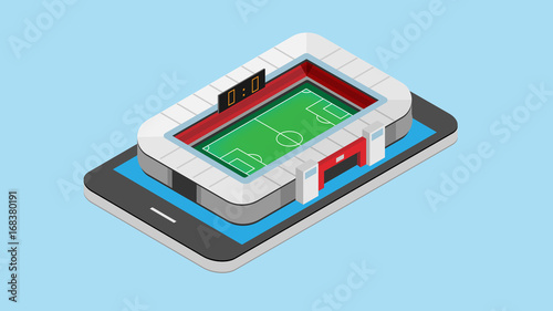 vector isometric of soccer stadium on smart phone. football on mobile concept. vector illustration.
