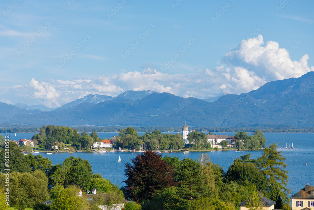 Island Fraueninsel on lake Chiemsee in Bavaria on a sunny summer day