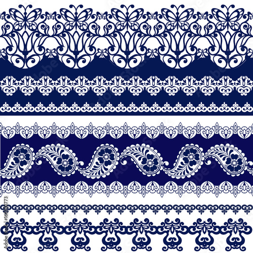Set of Lace Bohemian Seamless Borders. Stripes with Blue Floral Motif, Paisleys