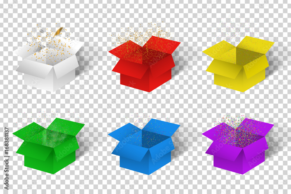 Prize Box Texture Vector set of realistic isolated open boxes with confetti explosion for ...