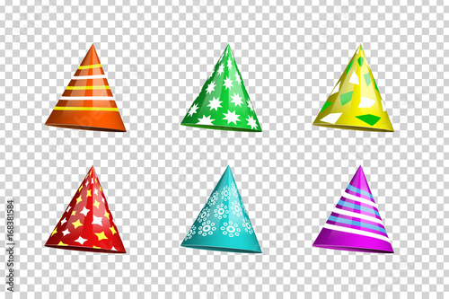 Vector set of realistic isolated party hats on the transparent background for photo decoration and covering. Concept of birthday, holiday and celebration.