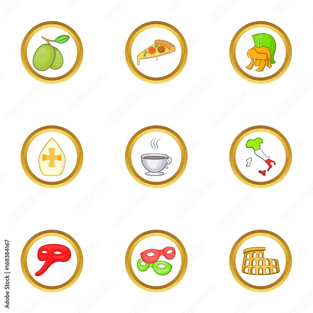 Italia travel icon set, cartoon style Italia travel icon set, cartoon style