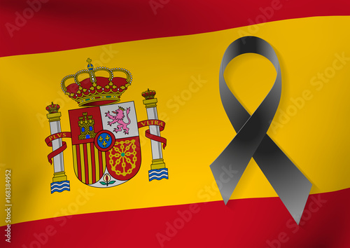 Spain flag background with a black ribbon to commemorate and remember outrage victims