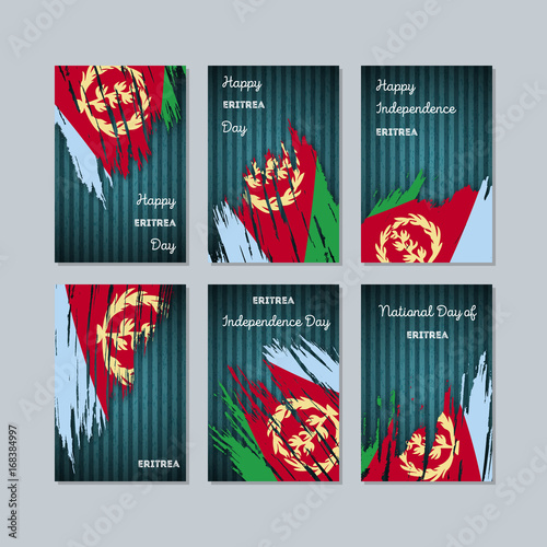 Eritrea Patriotic Cards for National Day. Expressive Brush Stroke in National Flag Colors on dark striped background. Eritrea Patriotic Vector Greeting Card. photo