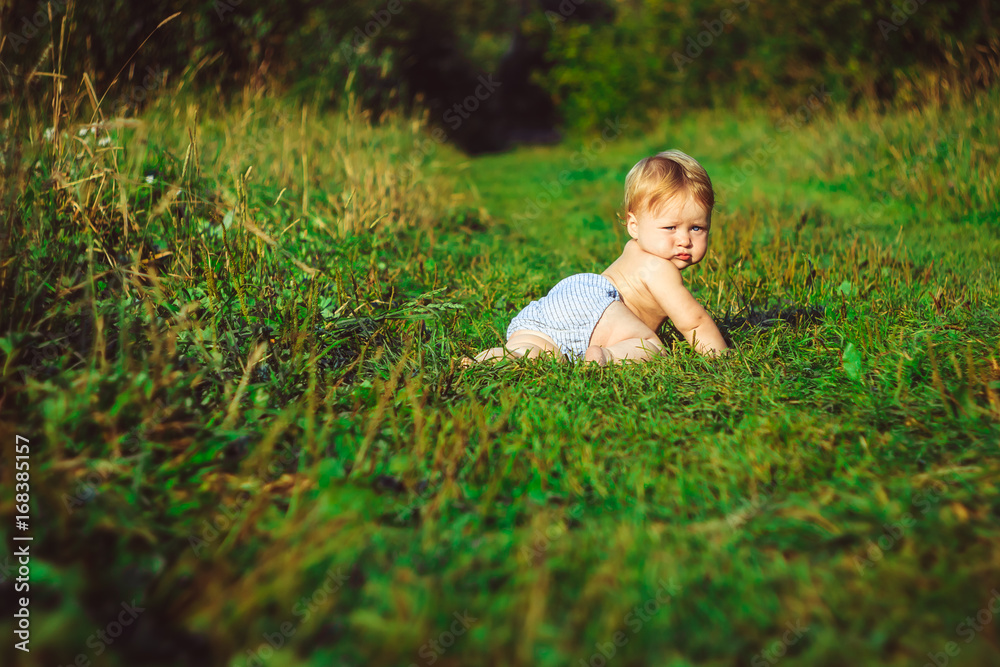 The child is sitting on the grass The child is sitting on the grass