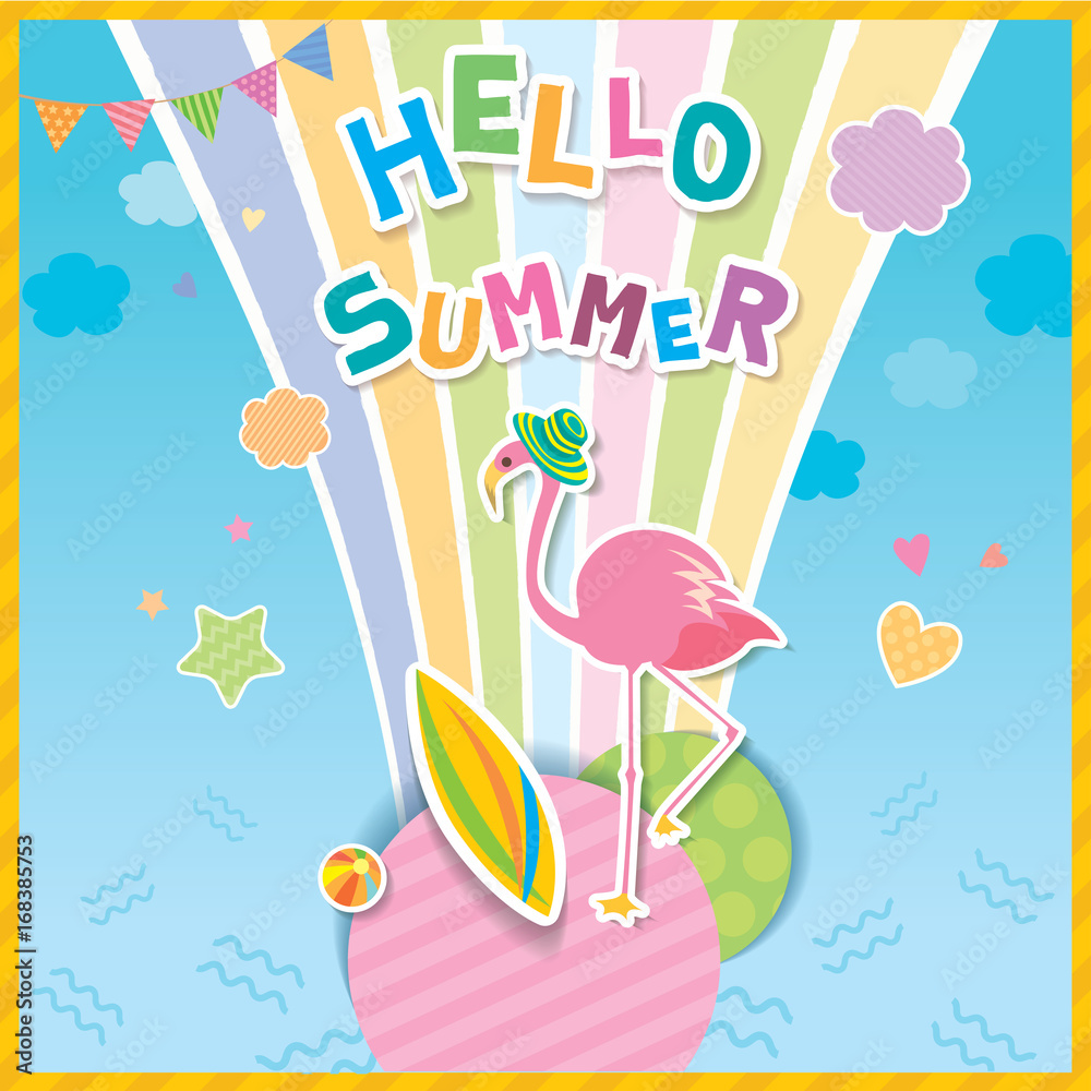 Naklejka premium Illustration vector of Hello Summer design with flamingo and rainbow on blue sky background.