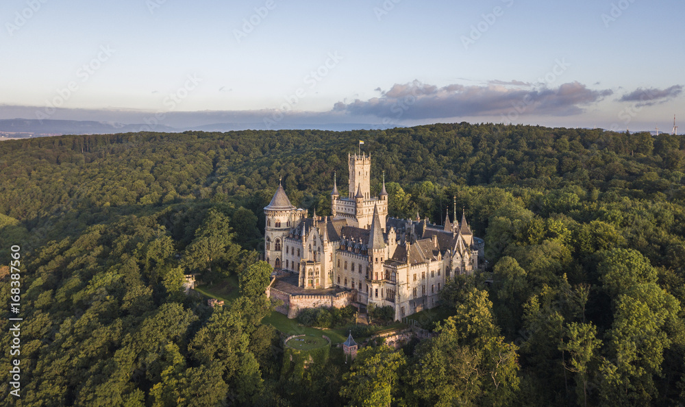 Aerial view of a Gothic revival Marienburg castle in Lower Saxony, Germany