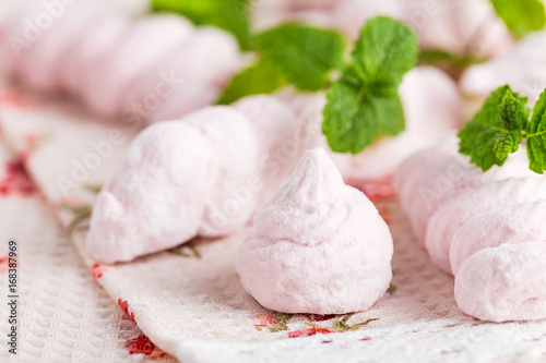 Homemade pink marshmallow with mint