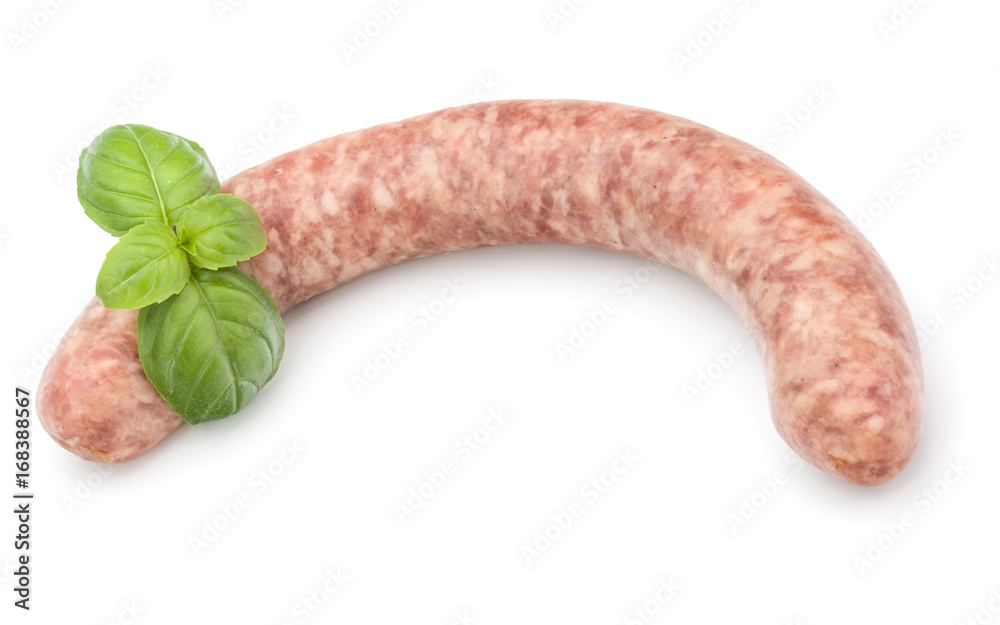 Raw sausage with basil leaf isolated on white background Raw sausage with basil leaf isolated on white background