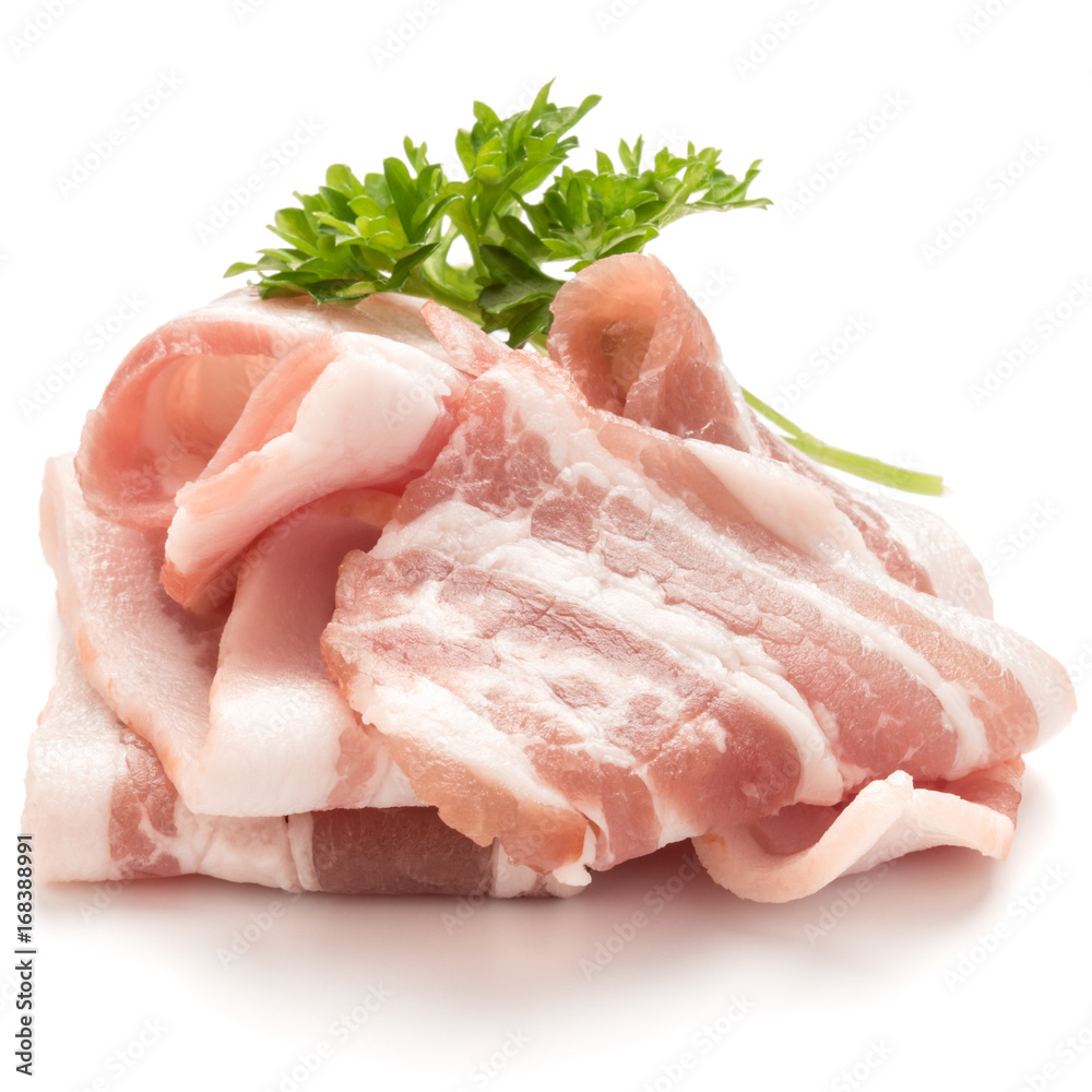 sliced bacon and parsley leaves isolated on white background cutout sliced bacon and parsley leaves isolated on white background cutout