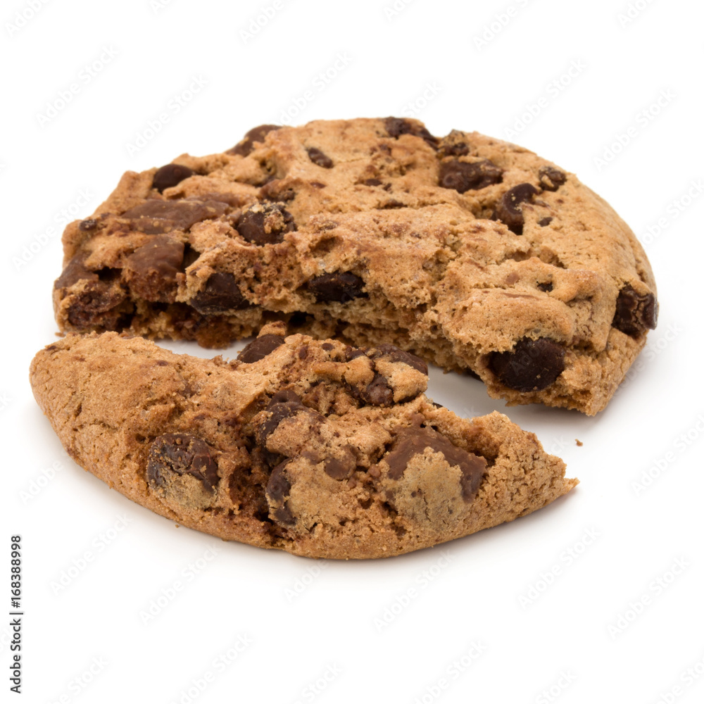 One broken Chocolate chip cookie isolated on white background. Sweet biscuit crumbs. Homemade pastry. One broken Chocolate chip cookie isolated on white background. Sweet biscuit crumbs. Homemade pastry.