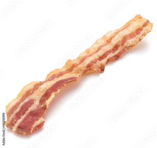 cooked crispy slice of bacon isolated on white background