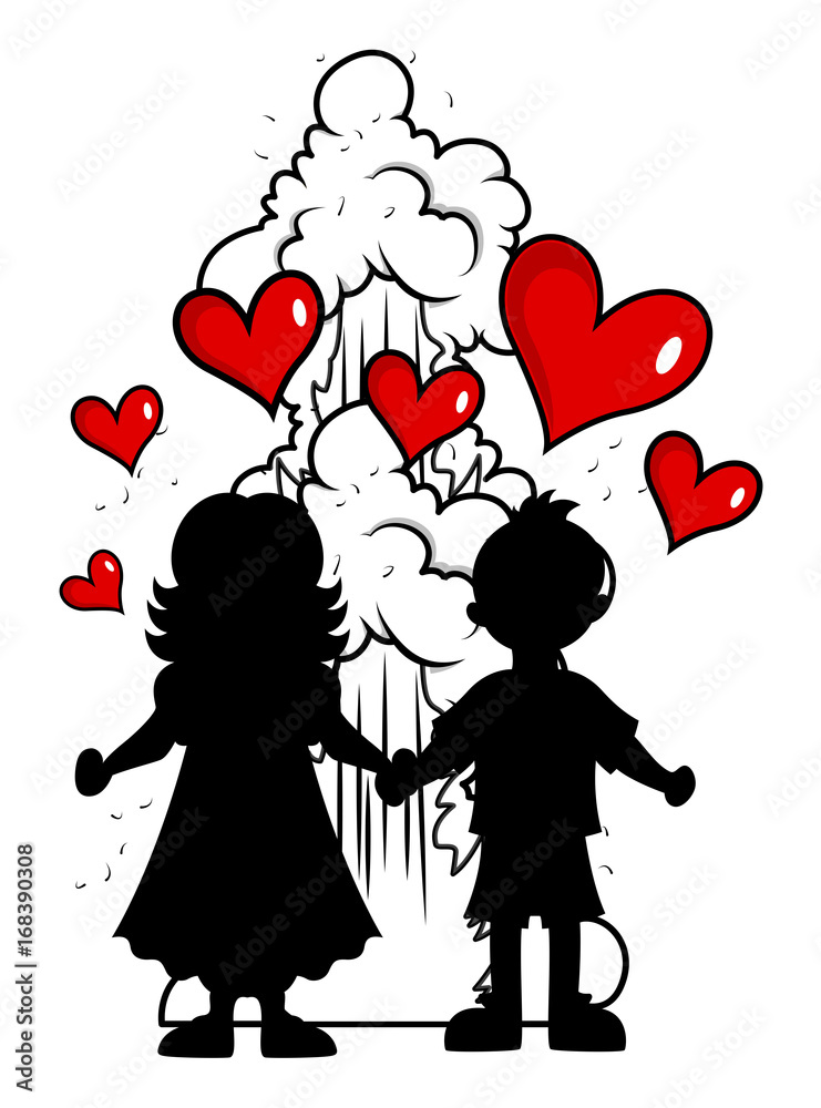 Cartoon Kid Couple Silhouette with Hearts Cartoon Kid Couple Silhouette with Hearts