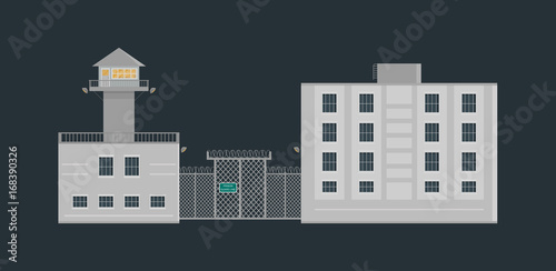 Prison jail building with guard tower and fence in flat style. Criminal prisoners cell theme. Isolated vector illustration. 