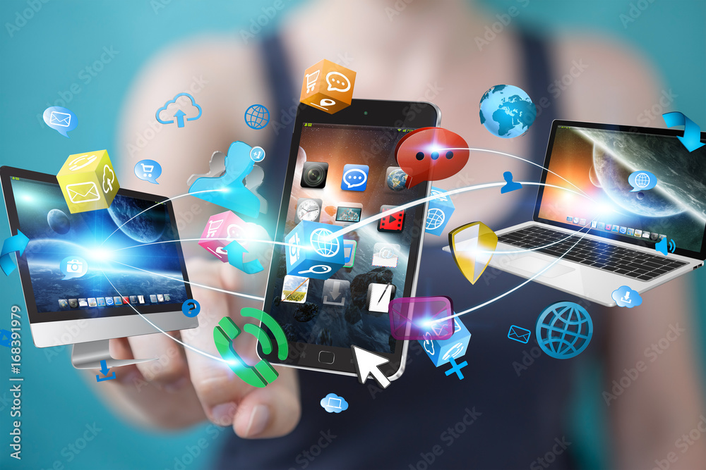 Tech devices connected to each other by businesswoman 3D rendering Tech devices connected to each other by businesswoman 3D rendering