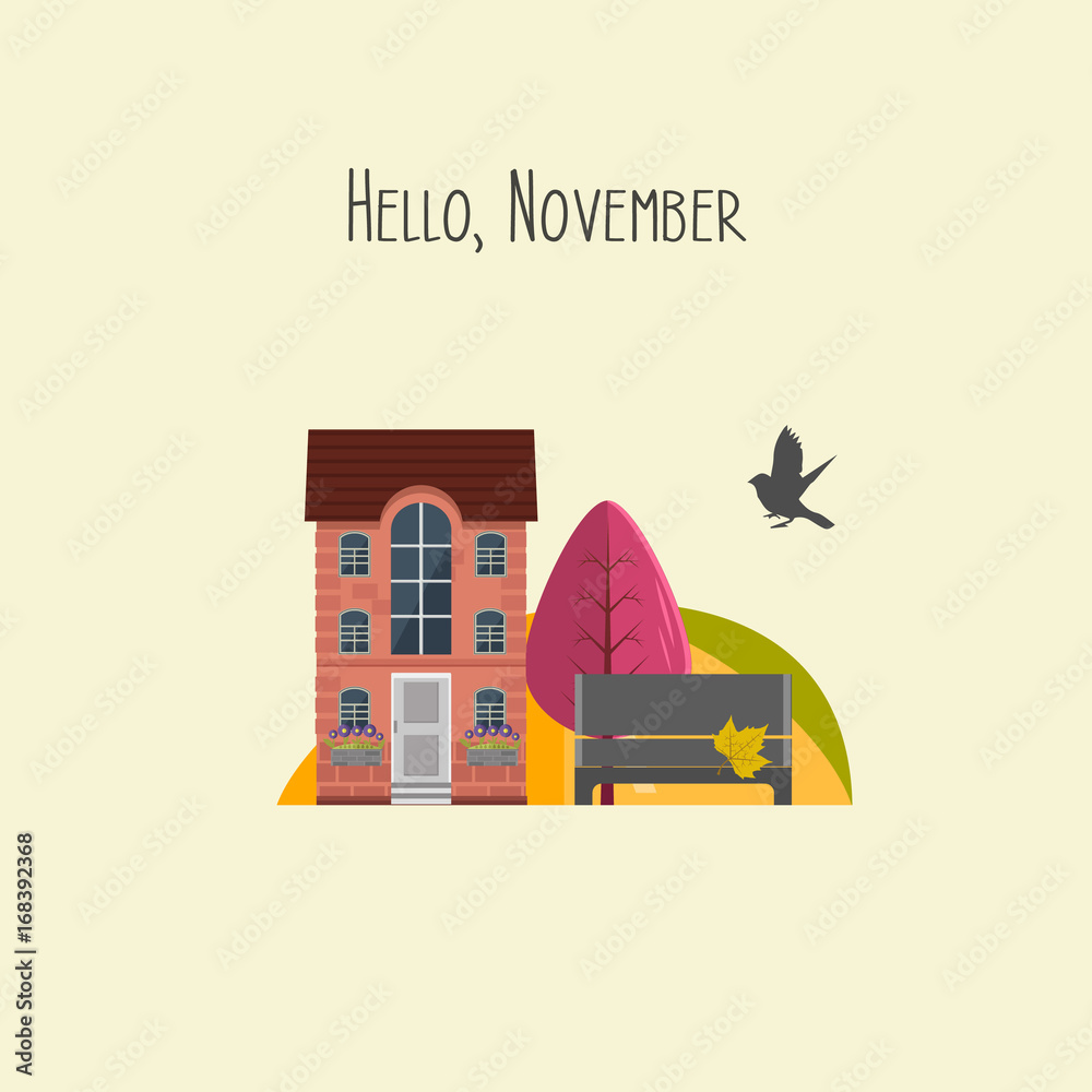 Naklejka premium Hello November. Vector illustration. Cute colorful house, garden with autumn tree..