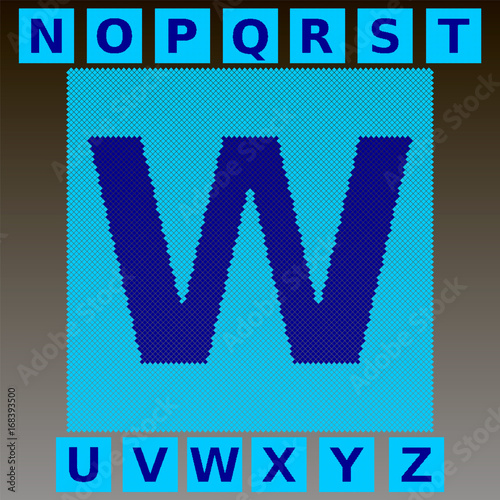 Mosaic blue letters in a cyan mosaic square. Full English alphabet. You can use to animate the effect of scattering parts of the font mosaic. Part 2. Vector.