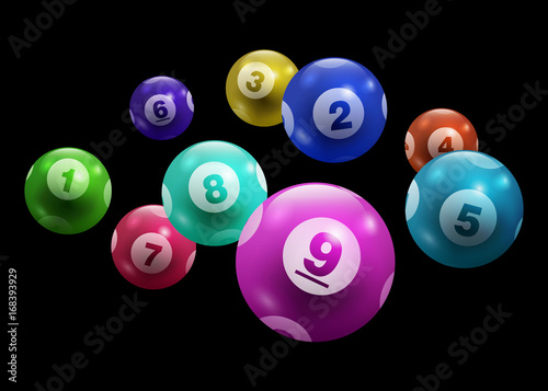 Vector Bingo / Lottery Colorful Number Balls 1 to 9 Set Isolated on Black Background